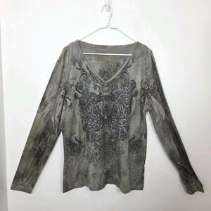 Greensource Gray Beaded Patterned Y2K Grunge Studded Long Sleeve Shirt Size XL‎